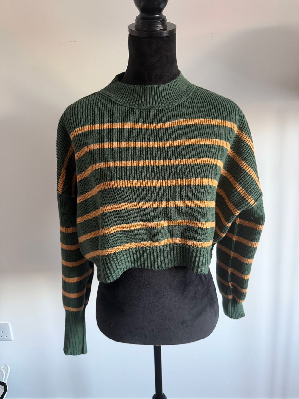 Free People Green and Mustard Striped Cropped Crew Sweater